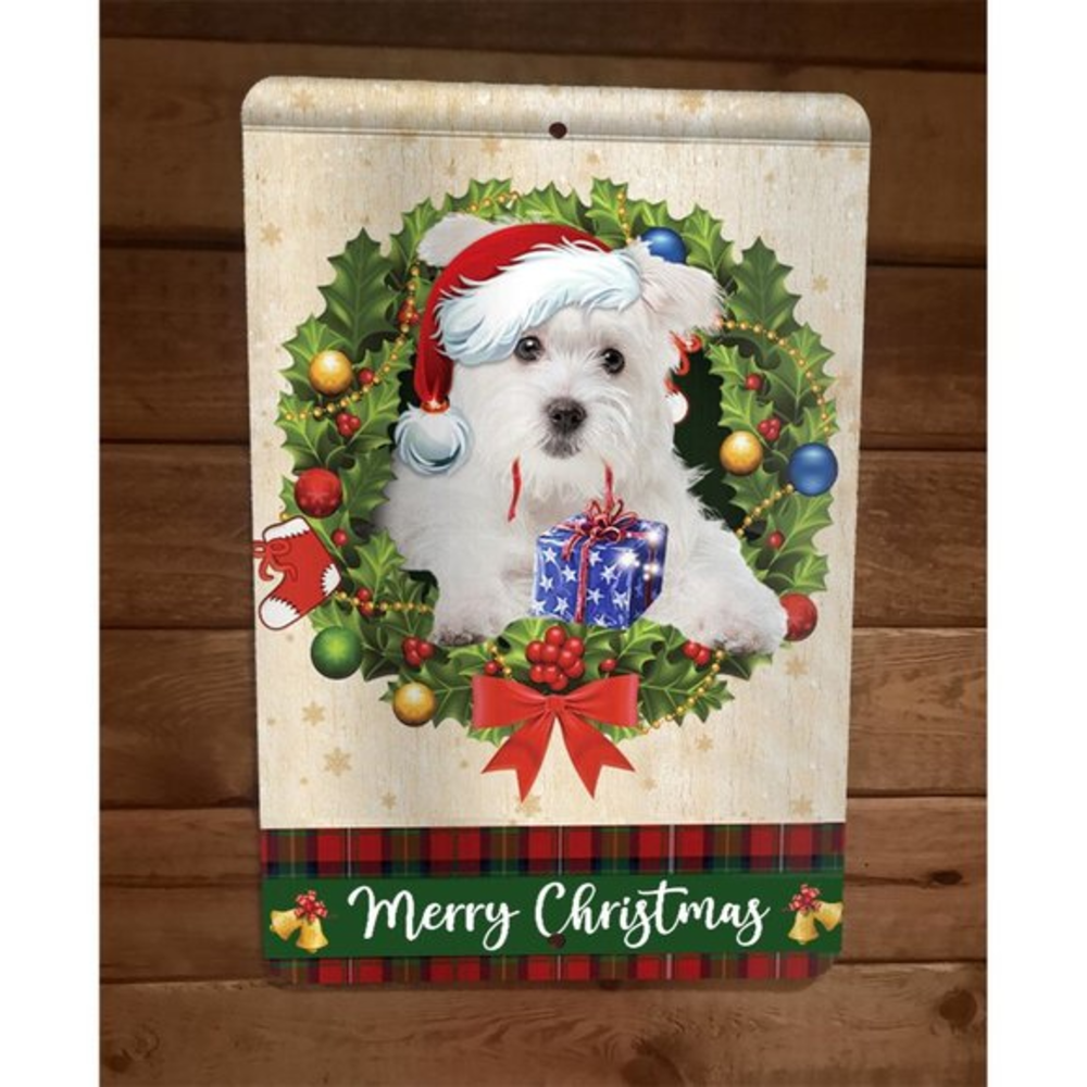 Merry Christmas Maltese Dog Xmas 8x12 Metal Wall Sign Animal Poster #3‎